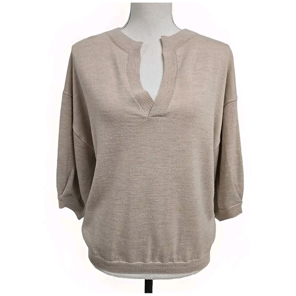 The Reset Label V-Neck 100%‎ Wool Sweater Dusty Beige Soft Women's Size S VGUC